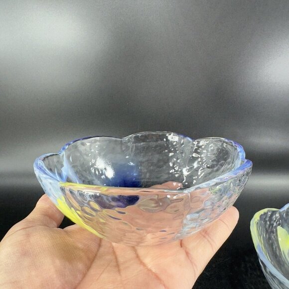 Vintage Aderia Glass Bowl Set 2 Made In Japan Clear Blue Yellow Swirls Ruffled - Picture 15 of 16